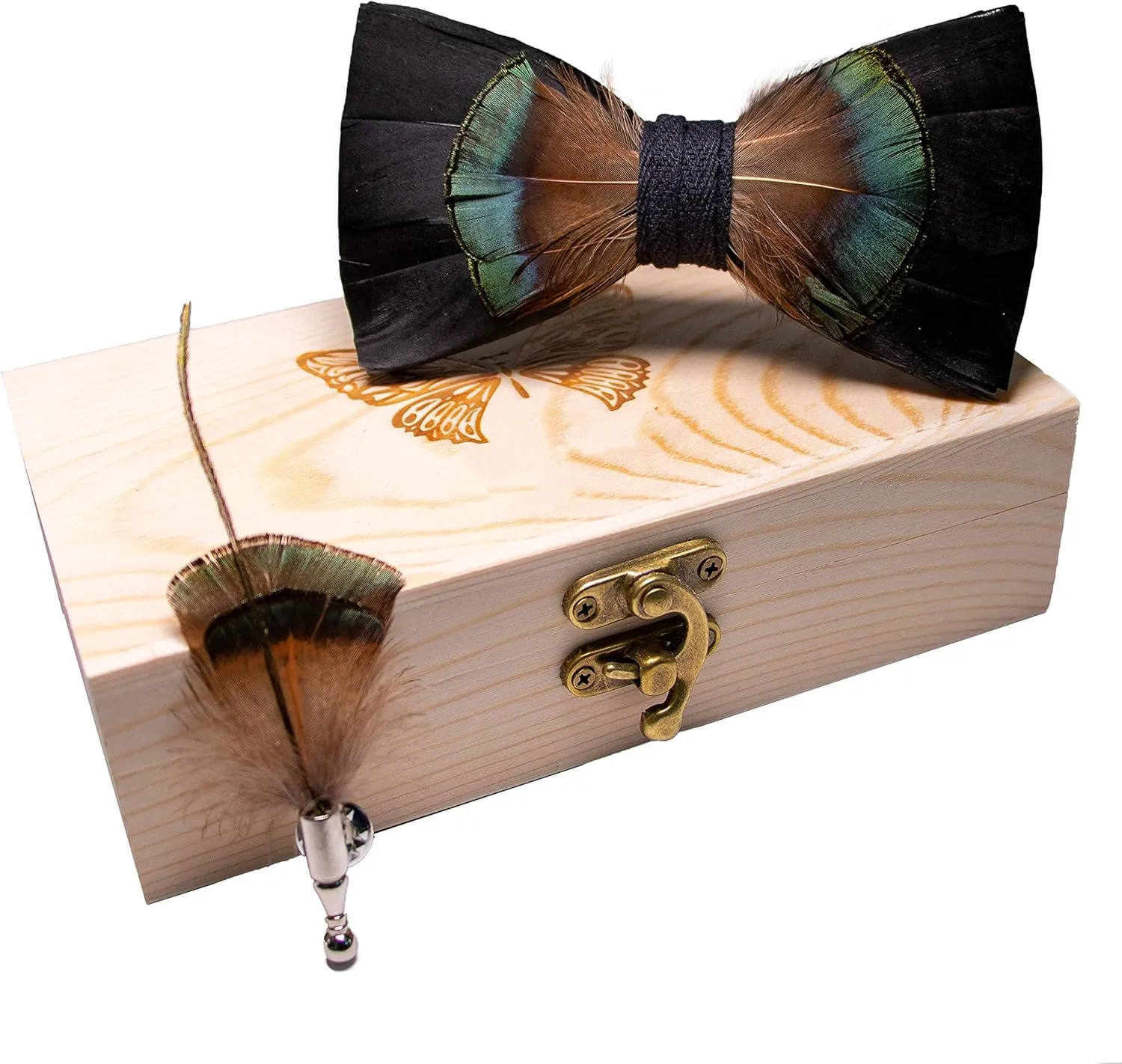 RBOCOTT Handmade Feather Pre-tied Bow tie and Brooch Sets for Men