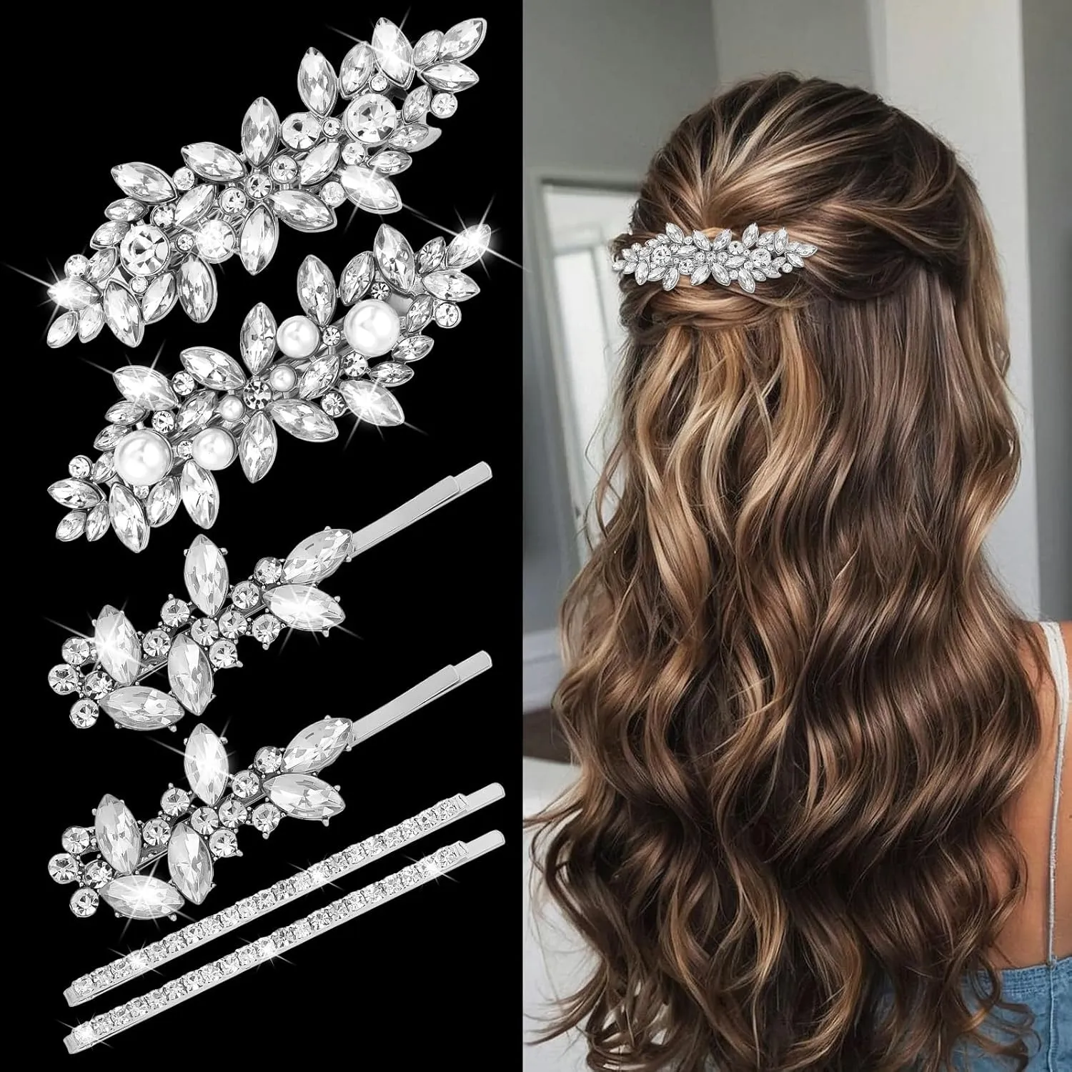 Rhinestone Hair Clips for Women Silver 6PCS Bridal Rhinestone Pearl Hairpins Decorative Bobby Pins Bling French Barrette Prom Wedding Hair Accessories for Women Bride Bridesmaid Flower Girls Party