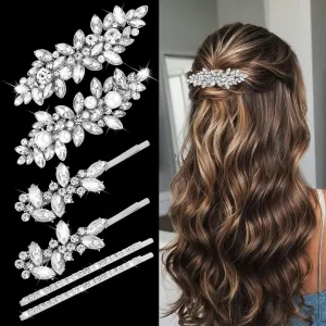 Rhinestone Hair Clips for Women Silver 6PCS Bridal Rhinestone Pearl Hairpins Decorative Bobby Pins Bling French Barrette Prom Wedding Hair Accessories for Women Bride Bridesmaid Flower Girls Party