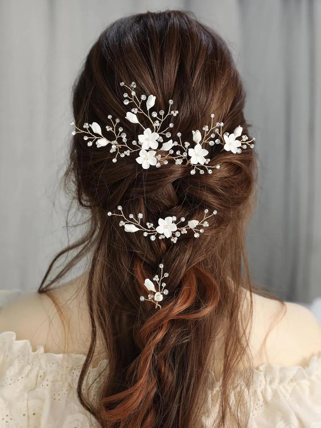 Rhinestone Pearl Hair Pins, 6 Pcs 3D Pinch White Flower Bridal Handmade Sparkling Fairy Bride Wedding Hair Pieces Leaf U Shaped Hair Accessories Headpiece Bridesmaids Women Girls Gold