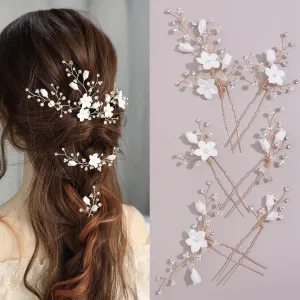 Rhinestone Pearl Hair Pins, 6 Pcs 3D Pinch White Flower Bridal Handmade Sparkling Fairy Bride Wedding Hair Pieces Leaf U Shaped Hair Accessories Headpiece Bridesmaids Women Girls Gold
