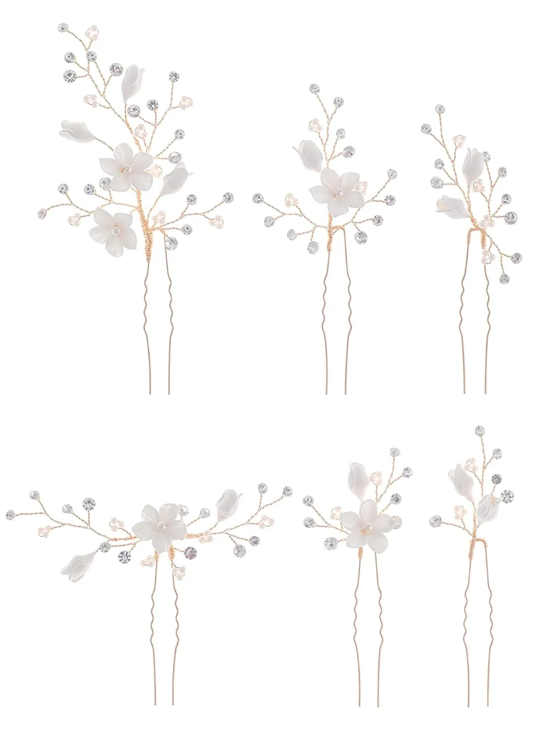 Rhinestone Pearl Hair Pins, 6 Pcs 3D Pinch White Flower Bridal Handmade Sparkling Fairy Bride Wedding Hair Pieces Leaf U Shaped Hair Accessories Headpiece Bridesmaids Women Girls Gold