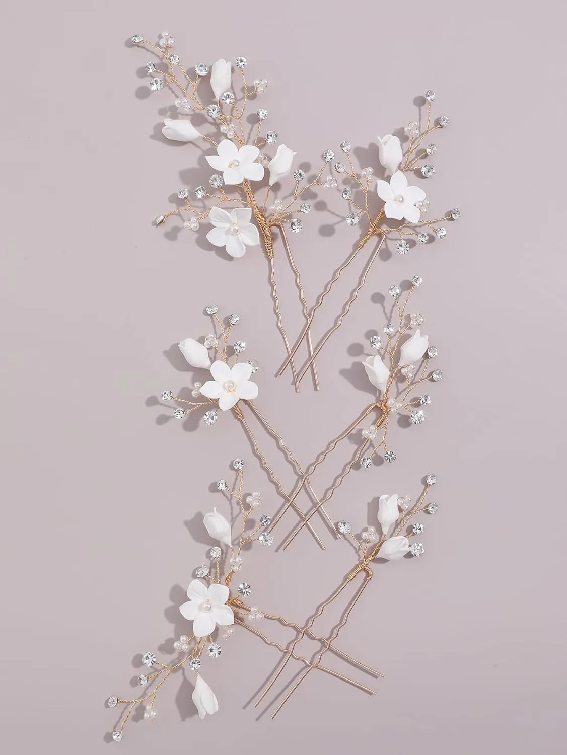 Rhinestone Pearl Hair Pins, 6 Pcs 3D Pinch White Flower Bridal Handmade Sparkling Fairy Bride Wedding Hair Pieces Leaf U Shaped Hair Accessories Headpiece Bridesmaids Women Girls Gold