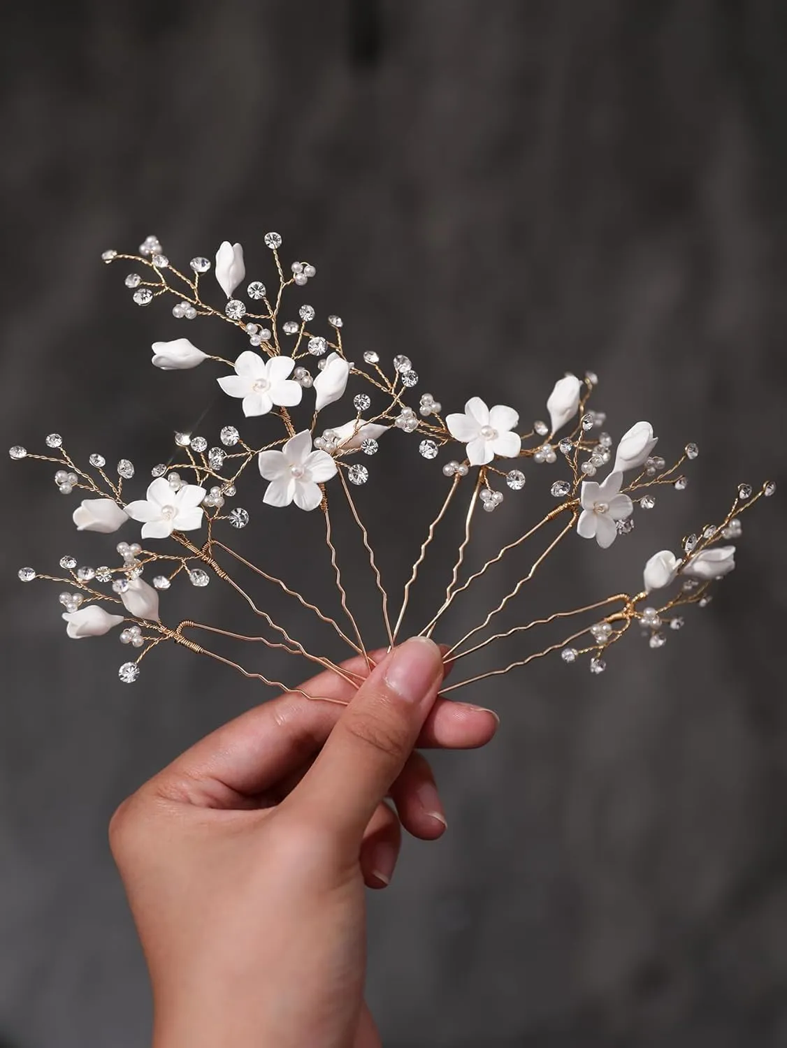 Rhinestone Pearl Hair Pins, 6 Pcs 3D Pinch White Flower Bridal Handmade Sparkling Fairy Bride Wedding Hair Pieces Leaf U Shaped Hair Accessories Headpiece Bridesmaids Women Girls Gold