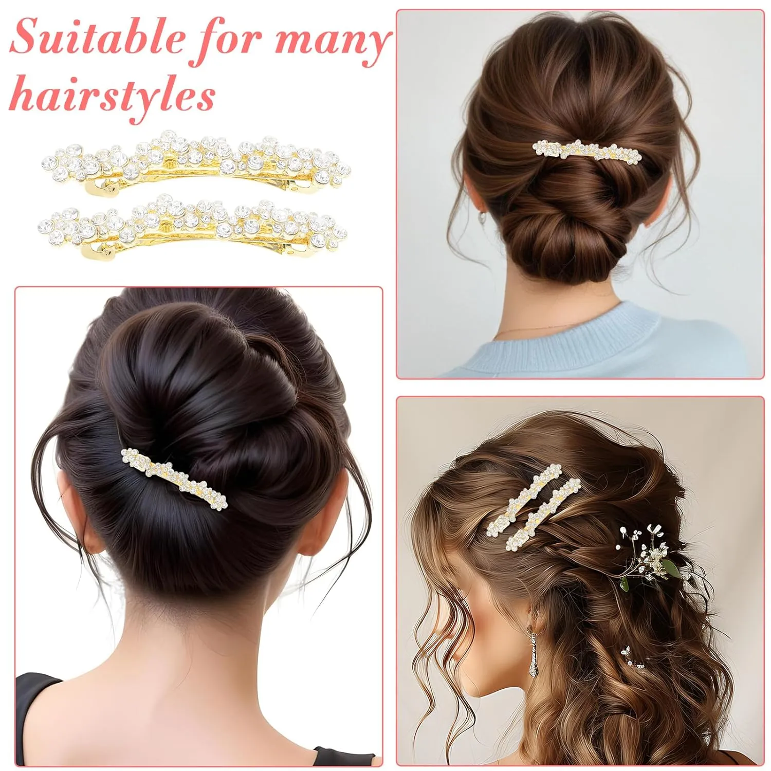 Rhinestones Hair Clips Barrettes for Women, 2 pcs Small Gold Barrette Clips Hair Pins Elegant French Wedding Bridal Hairpins Decorative
