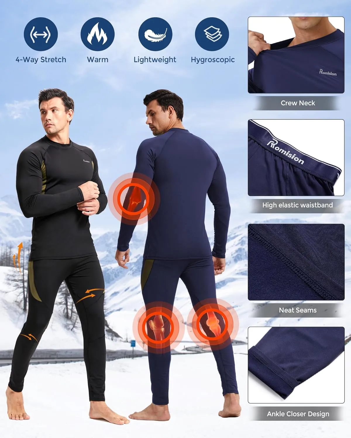 romision 2 Pack Thermal Underwear for Men Long Johns Fleece Lined Hunting Gear Bottom Top Set Base Layer Cold Weather XS-4XL
