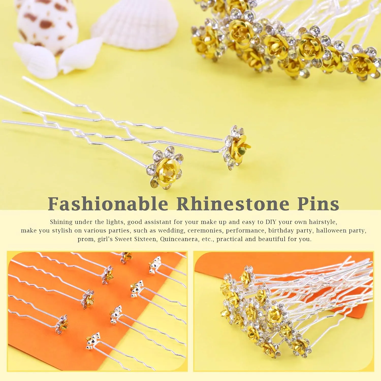 Rustark 40 Pcs Gold Crystal Hair Pins Rose Flower Rhinestone Hair Clips U Shaped Hair Pins Bobby Pins Bun Hairpins for Wedding Bridal Women Hair Jewelry Accessories with Storage Case