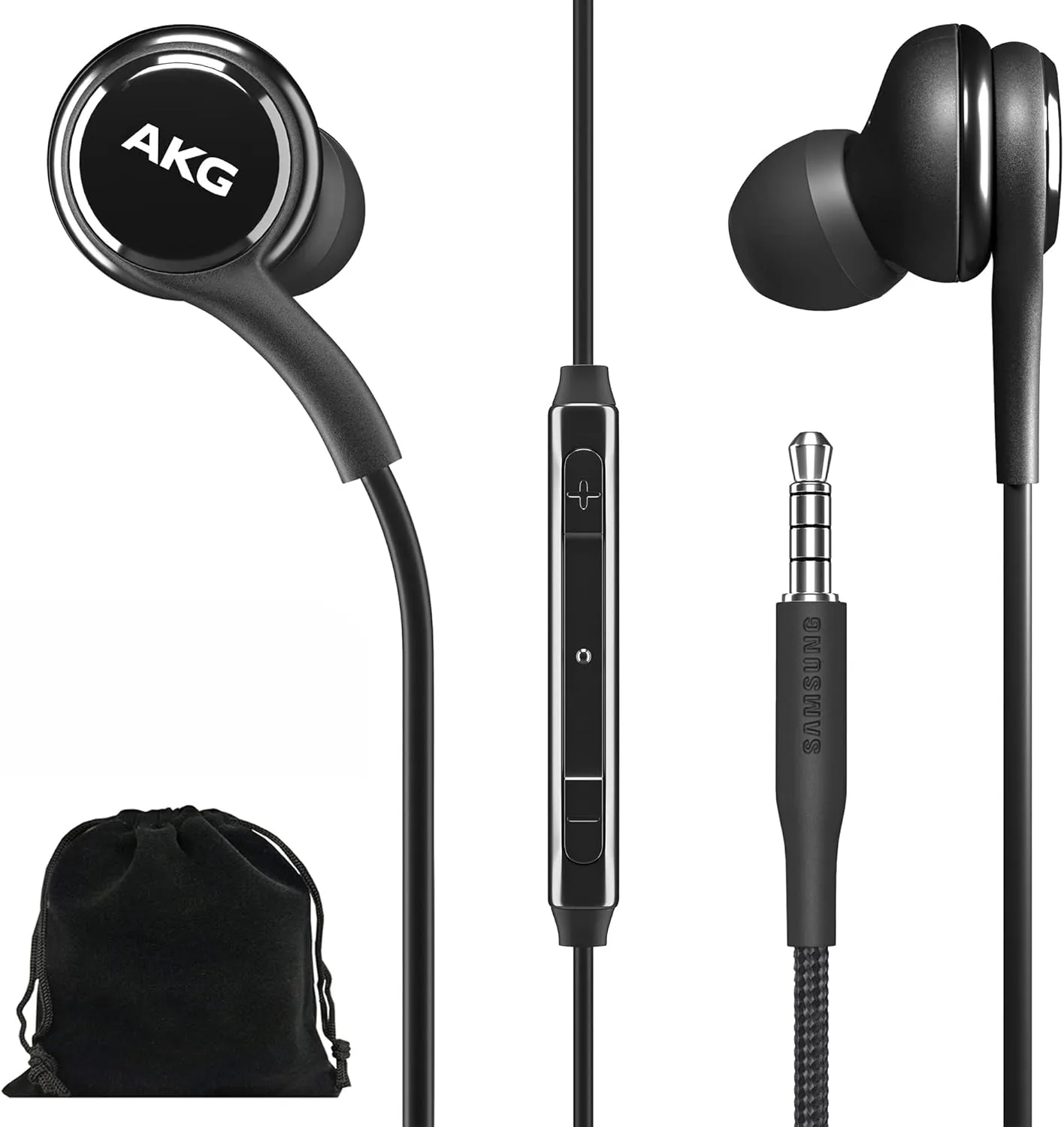 Samsung AKG Earbuds Original 3.5mm in-Ear Headphones with Remote & Mic for Galaxy A71, A31, Galaxy S10, S10e, Note 10, Note 10 , S10 Plus, S9 - Braided, Includes Velvet Carrying Pouch - Black