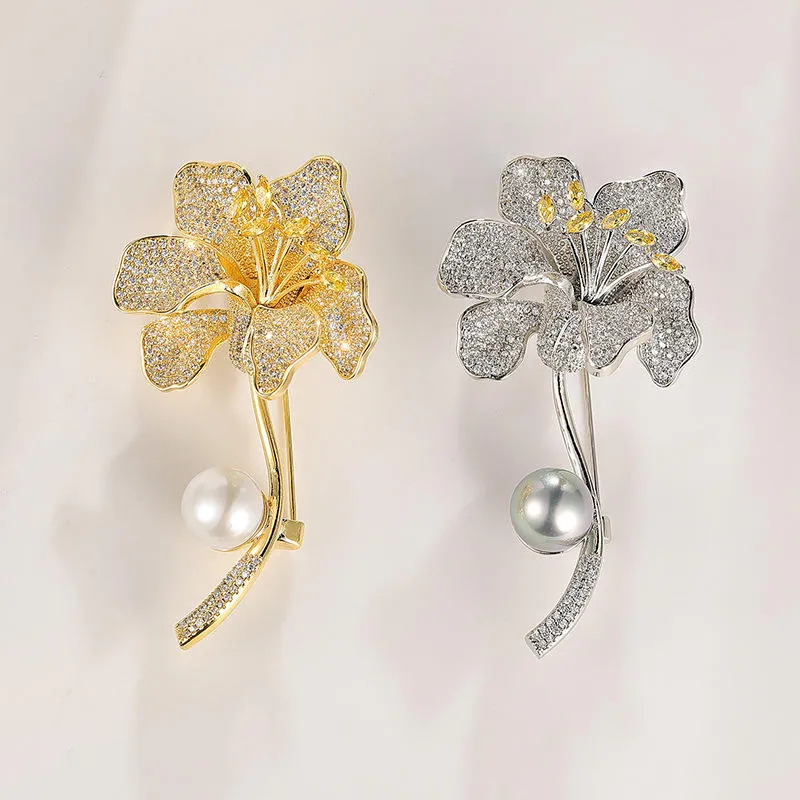 SISSLIA 14K Gold Brooch For Women Luxury Design Tulip Zircon Flower Brooch Pins