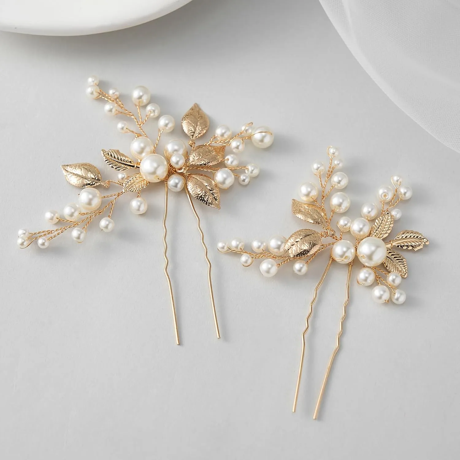 SWEETV 2Pcs Bridal Hair Accessories Pearl Bride Wedding Hair Pins Leaf Bridal Head Piece Rhinestones Hair Jewelry Gold Hair Accessories for Women and Girls