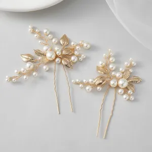SWEETV 2Pcs Bridal Hair Accessories Pearl Bride Wedding Hair Pins Leaf Bridal Head Piece Rhinestones Hair Jewelry Gold Hair Accessories for Women and Girls