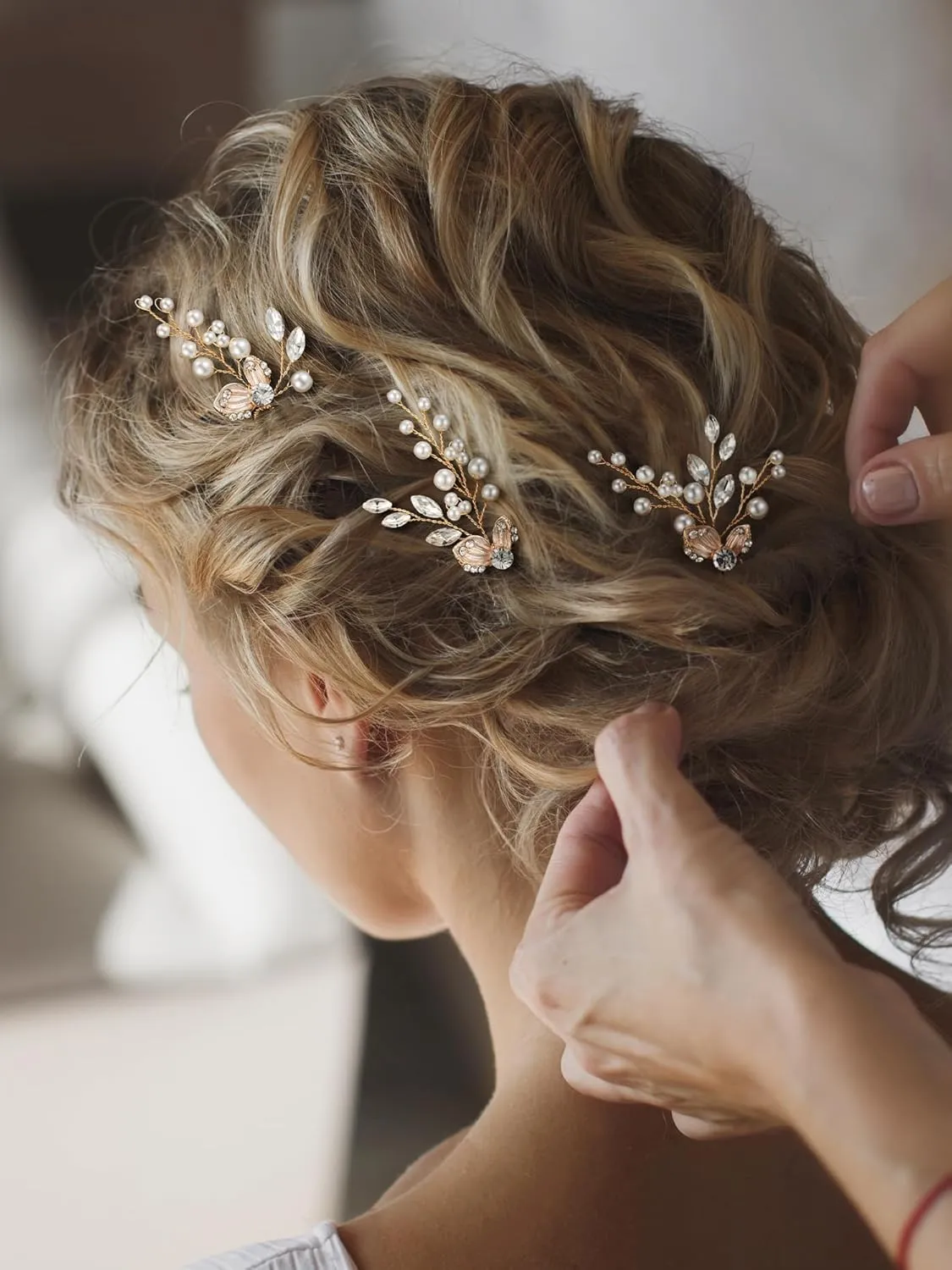 SWEETV Hair Pins, 3Pcs Bridal Hair Accessories Pearl Bride Wedding Hair Pins Leaf Bridal Head Piece Rhinestones Gold Hair Jewelry for Women and Girls