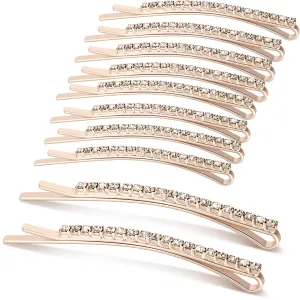 TecUnite 16 Pcs Rhinestone Bobby Pins Bling Decorative Hair Pins Metal Diamond Clear Crystal Fancy Hair Clips Barrette Accessories for Women Bridal Wedding Party Daily, 2.36 Inch(Rose Gold)