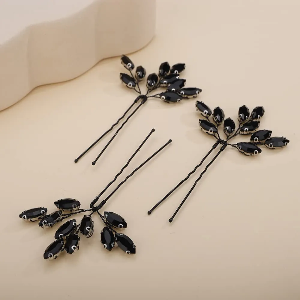 Teyglen 3pcs Bridal Crystal Hair Pins Rhinestones Hair Pieces Simple Black Crystal Wedding Hair Pins Handmade Hair Accessories for Women Bride Girls (Black)