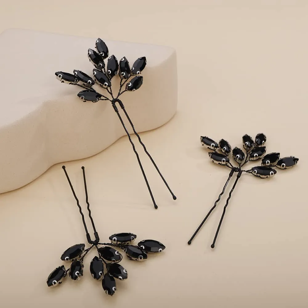 Teyglen 3pcs Bridal Crystal Hair Pins Rhinestones Hair Pieces Simple Black Crystal Wedding Hair Pins Handmade Hair Accessories for Women Bride Girls (Black)