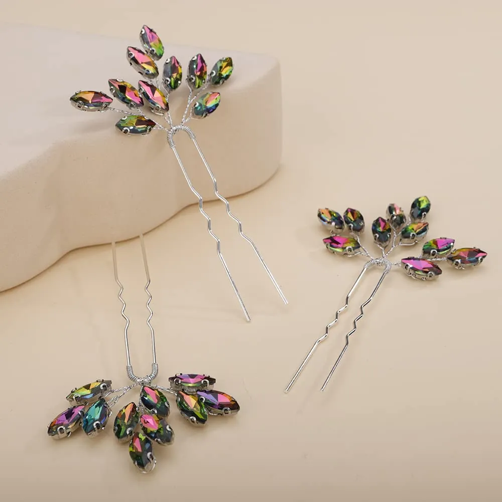 Teyglen 3pcs Bridal Crystal Hair Pins Rhinestones Hair Pieces Simple Crystal Wedding Hair Accessories Handmade Hair Pins for Women Bride Girls (Colorful)