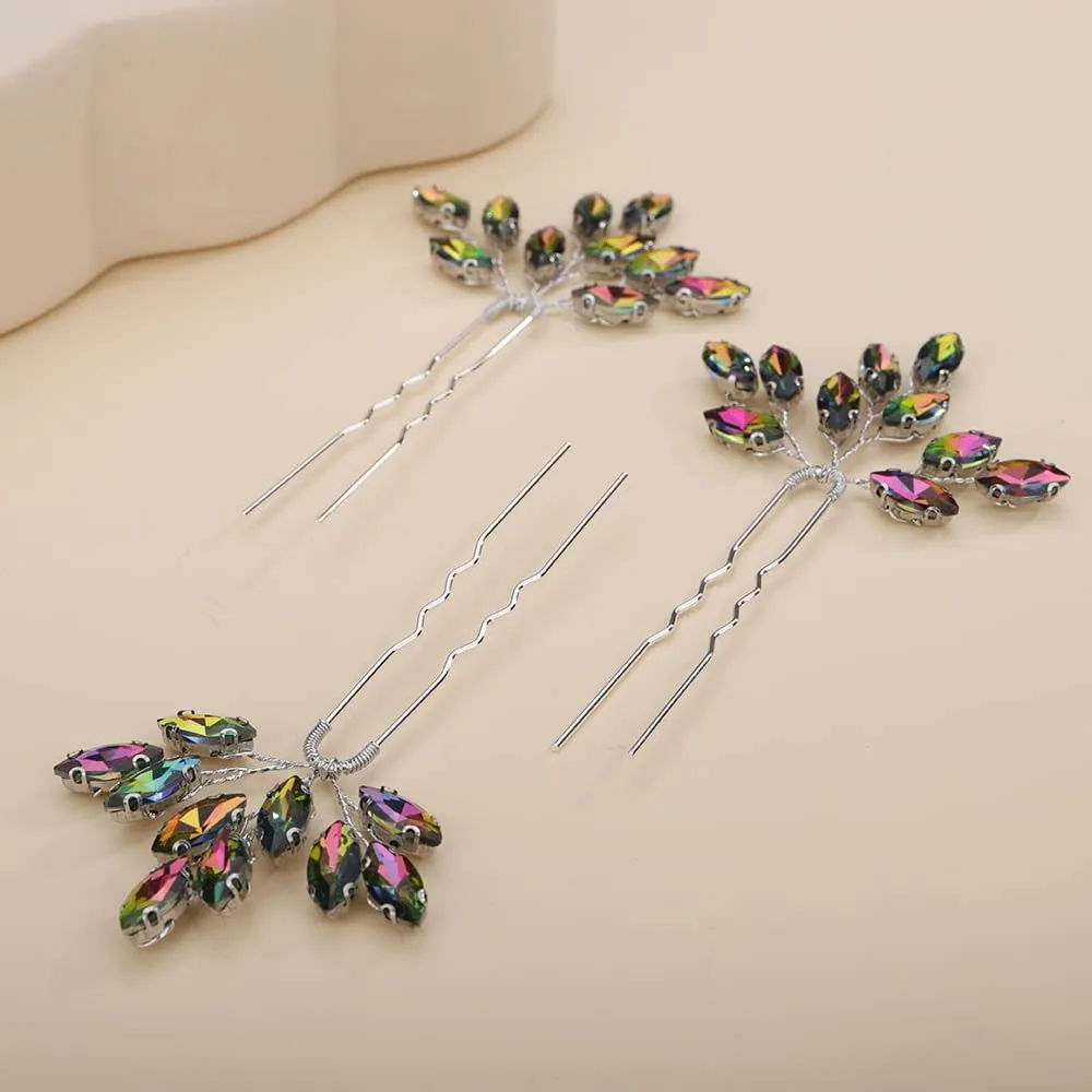 Teyglen 3pcs Bridal Crystal Hair Pins Rhinestones Hair Pieces Simple Crystal Wedding Hair Accessories Handmade Hair Pins for Women Bride Girls (Colorful)