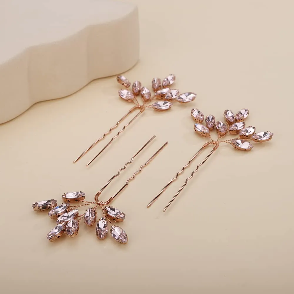 Teyglen 3pcs Bridal Crystal Hair Pins Rhinestones Hair Pieces Simple Crystal Wedding Hair Accessories Handmade Hair Pins for Women Bride Girls (Pink)