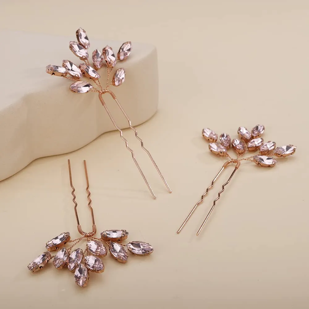 Teyglen 3pcs Bridal Crystal Hair Pins Rhinestones Hair Pieces Simple Crystal Wedding Hair Accessories Handmade Hair Pins for Women Bride Girls (Pink)