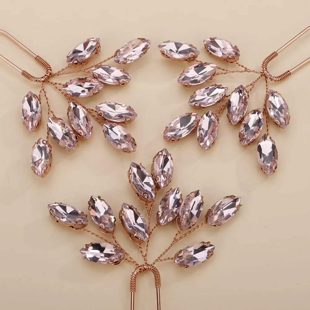 Teyglen 3pcs Bridal Crystal Hair Pins Rhinestones Hair Pieces Simple Crystal Wedding Hair Accessories Handmade Hair Pins for Women Bride Girls (Pink)