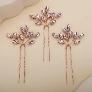 Teyglen 3pcs Bridal Crystal Hair Pins Rhinestones Hair Pieces Simple Crystal Wedding Hair Accessories Handmade Hair Pins for Women Bride Girls (Pink)