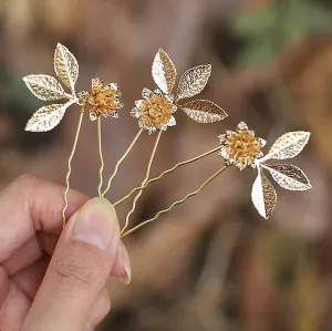 Unicra Wedding Hair Pins Flower Hairpins Hair Set Leaf Jewelry Decorative Bridal Hair Accessories for Women and Girls Pack of 3 (Gold)