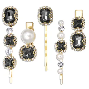 Vintage Hair Clips, Rhinestones Decorative Hair Pins, Handmade Gray Crystal Pearl Hair Barrettes, Elegant Gold Metal Hairpin Hair Accessories Headwear Styling Tools, Gifts for Women Girls