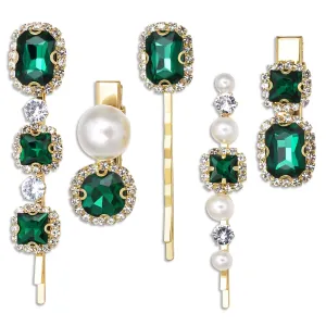 Vintage Hair Clips, Rhinestones Decorative Hair Pins, Handmade Green Crystal Pearl Hair Barrettes, Elegant Gold Metal Hairpin Hair Accessories Headwear Styling Tools, Gifts for Women Girls