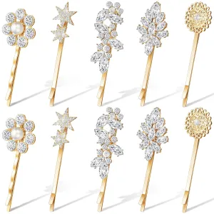 Waydress 10 Pcs Vintage Hair Pins for Women Vintage Rhinestone Bobby Pin Star Decorative Barrette Flower Leaf Feather Sunflower Metal Hair Accessories(Gold)