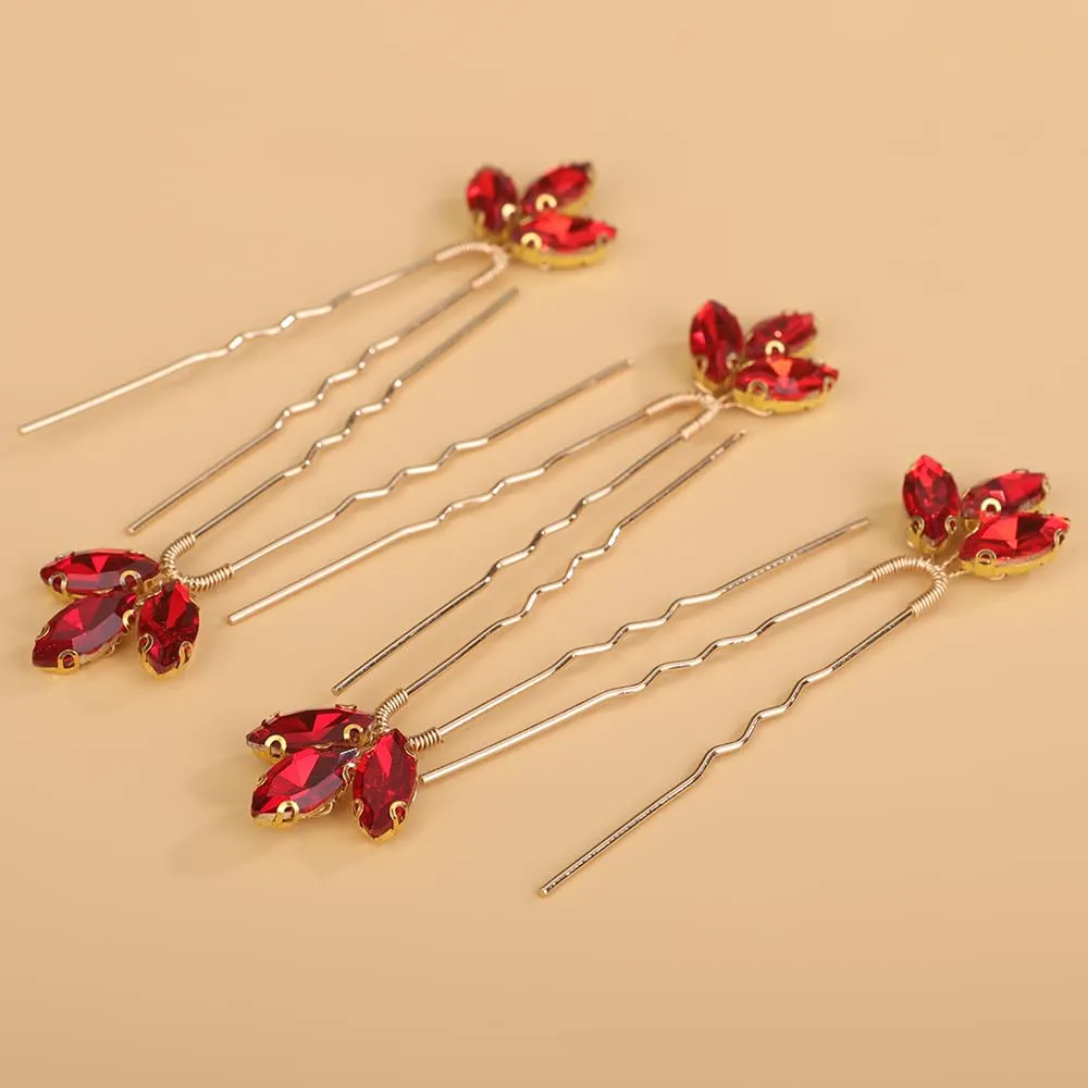 Wedding Hair Pins Bridal Crystal Rhinestone HairPins Green and Red Rhinestone Wedding Headpiece Gold Rhinestone Hairpieces for Women(5pcs) (red)