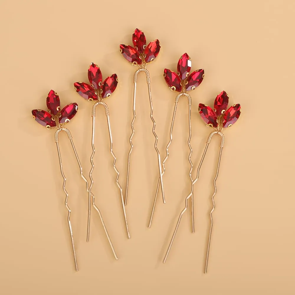 Wedding Hair Pins Bridal Crystal Rhinestone HairPins Green and Red Rhinestone Wedding Headpiece Gold Rhinestone Hairpieces for Women(5pcs) (red)