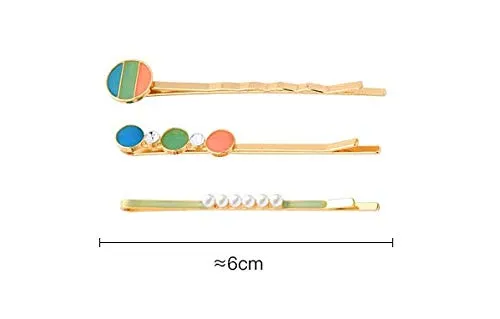 WHITEBRIDGE 6pcs Multicolor Circular Enamel Hair Bobby Pins Simple Metallic Barrettes Fashionable Hair Clips for Women Girls, Pearl Hairpins Crystal Rhinestone Bobby Pins