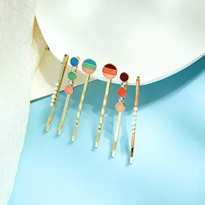 WHITEBRIDGE 6pcs Multicolor Circular Enamel Hair Bobby Pins Simple Metallic Barrettes Fashionable Hair Clips for Women Girls, Pearl Hairpins Crystal Rhinestone Bobby Pins
