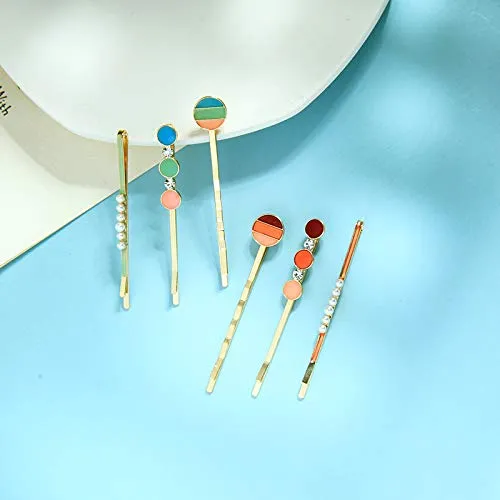 WHITEBRIDGE 6pcs Multicolor Circular Enamel Hair Bobby Pins Simple Metallic Barrettes Fashionable Hair Clips for Women Girls, Pearl Hairpins Crystal Rhinestone Bobby Pins