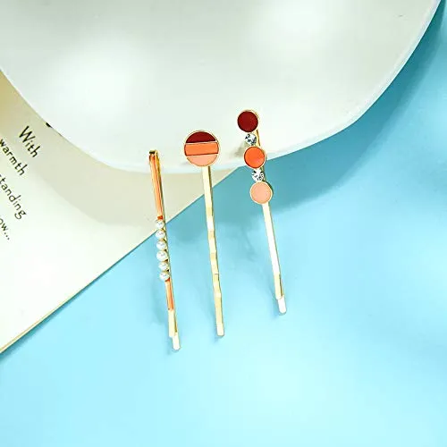 WHITEBRIDGE 6pcs Multicolor Circular Enamel Hair Bobby Pins Simple Metallic Barrettes Fashionable Hair Clips for Women Girls, Pearl Hairpins Crystal Rhinestone Bobby Pins