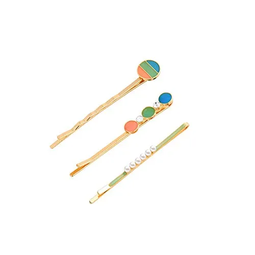 WHITEBRIDGE 6pcs Multicolor Circular Enamel Hair Bobby Pins Simple Metallic Barrettes Fashionable Hair Clips for Women Girls, Pearl Hairpins Crystal Rhinestone Bobby Pins