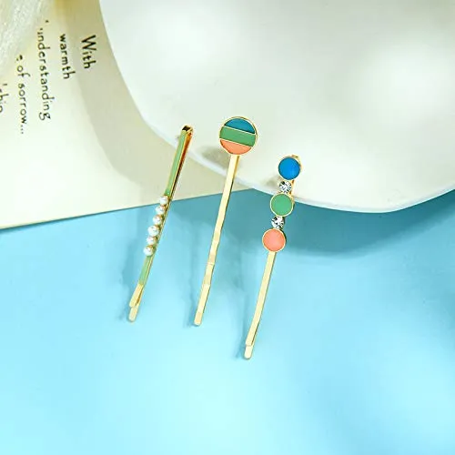 WHITEBRIDGE 6pcs Multicolor Circular Enamel Hair Bobby Pins Simple Metallic Barrettes Fashionable Hair Clips for Women Girls, Pearl Hairpins Crystal Rhinestone Bobby Pins