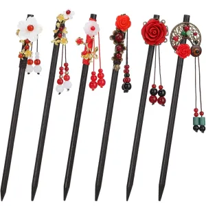 WILLBOND 6 Pcs Chinese Hair Chopsticks for Women Wooden Hair Accessories Japanese Floral Sticks Retro Tassel Flower Vintage Hairpins Handmade for Women Long Curly(Vintage Style)