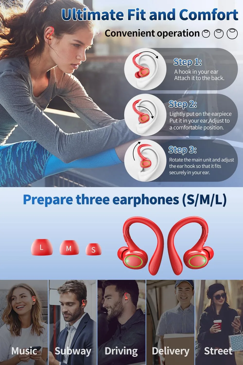 Wireless Earbuds, 60H Playback Bluetooth 5.3 Headphones,Noise Cancelling Wireless Headphones with LED Battery Display, Mics Clear Call, IPX7 Waterproof Bluetooth Earbuds for Workout Sports (Red)