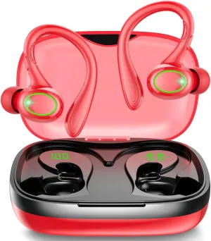 Wireless Earbuds, 60H Playback Bluetooth 5.3 Headphones,Noise Cancelling Wireless Headphones with LED Battery Display, Mics Clear Call, IPX7 Waterproof Bluetooth Earbuds for Workout Sports (Red)