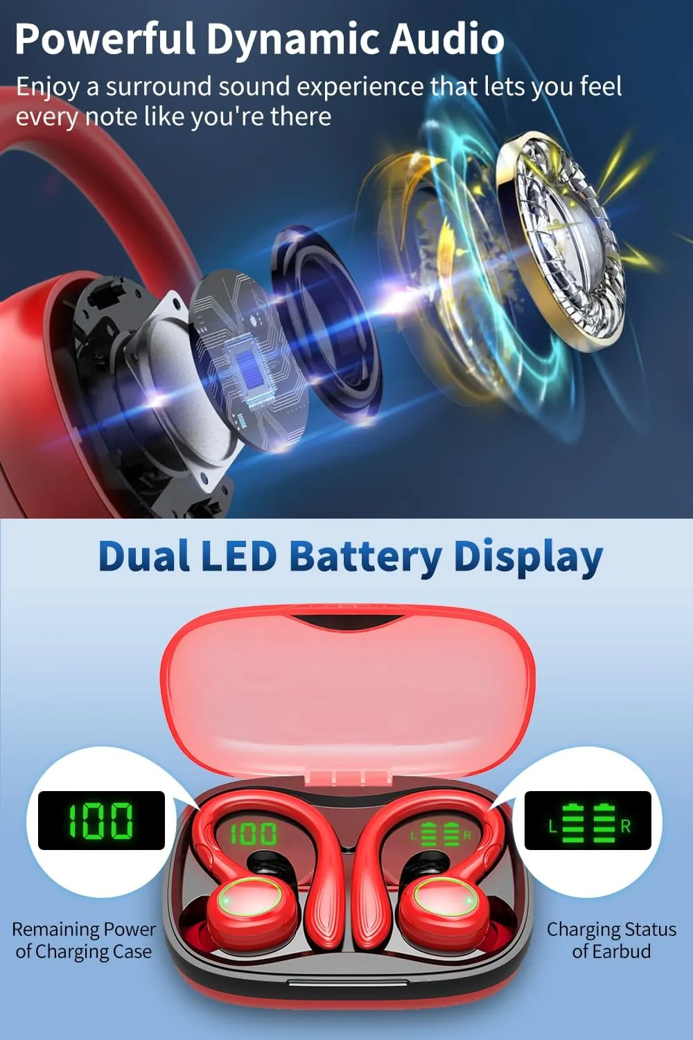 Wireless Earbuds, 60H Playback Bluetooth 5.3 Headphones,Noise Cancelling Wireless Headphones with LED Battery Display, Mics Clear Call, IPX7 Waterproof Bluetooth Earbuds for Workout Sports (Red)