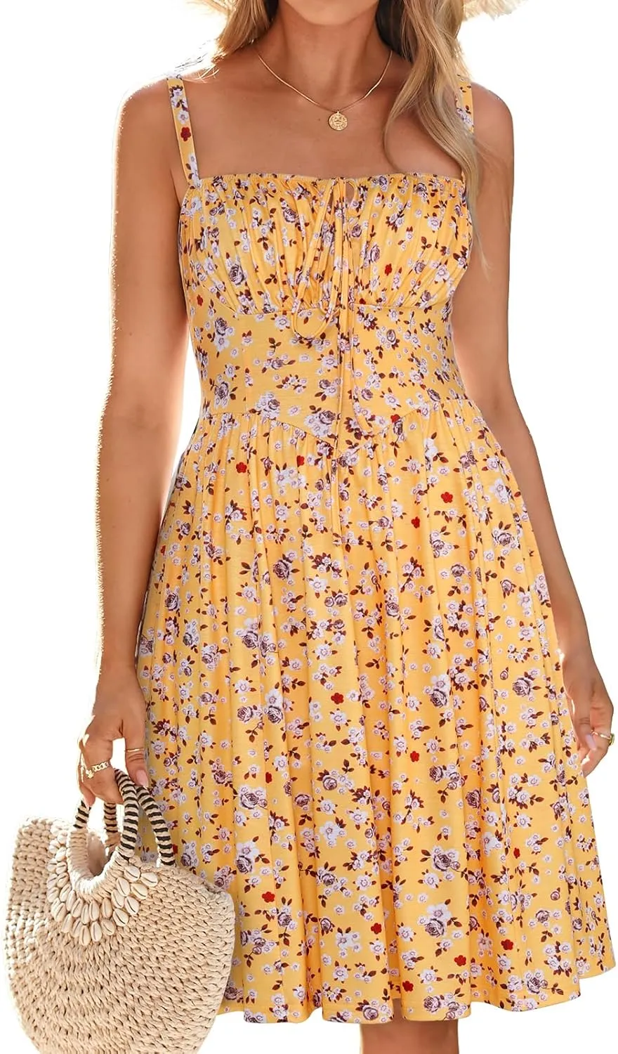 Womens Summer Mini Corset Casual Dresses Spaghetti Straps Lace Up Beach Vacation Sundress with Pockets